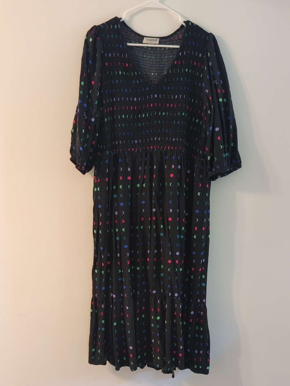 Sugarhill Brighton Black Midi Dress with Colorful Crescent Print, US 14